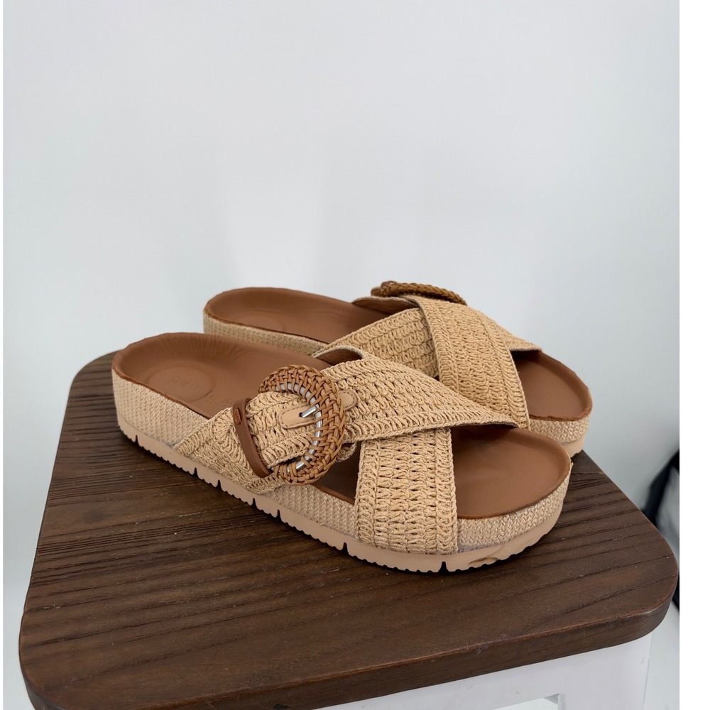 Gentle Souls Louisa X-Band Raffia Platform Slide Sandal Natural Size 9 Buckle